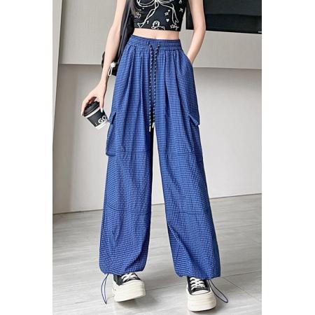 BY13901# 格子工装裤速干裤春夏束脚裤韩版高腰阔腿裤两穿休闲裤女  服裝批發女裝批發服飾貨源