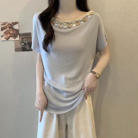 BY13902# 胖妹妹夏装大码女装波西米亚风设计感冰丝短袖T恤显瘦上衣潮  服裝批發女裝批發服飾貨源