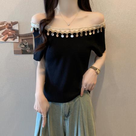 BY13903# 胖妹妹夏装大码女装波西米亚风一字领漏肩短袖T恤显瘦上衣潮  服裝批發女裝批發服飾貨源