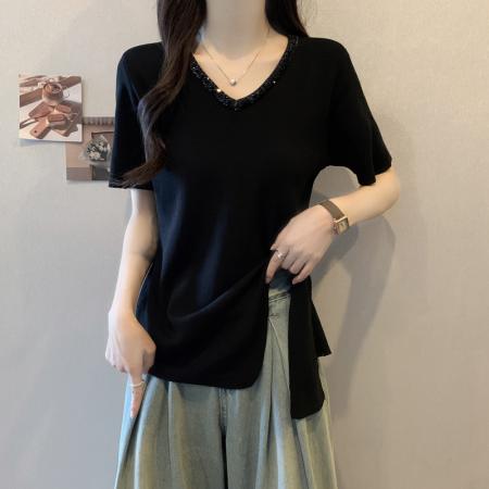 BY13904# 大码女装夏装胖妹妹短袖T恤新款不规则韩版显瘦洋气亮片上衣  服裝批發女裝批發服飾貨源