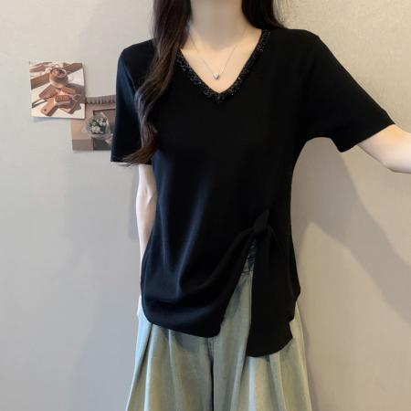 BY13904# 大码女装夏装胖妹妹短袖T恤新款不规则韩版显瘦洋气亮片上衣  服裝批發女裝批發服飾貨源