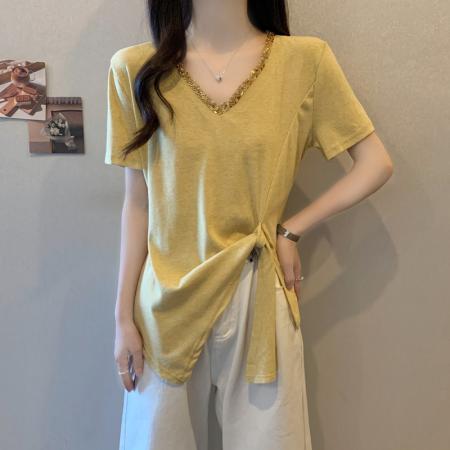 BY13904# 大码女装夏装胖妹妹短袖T恤新款不规则韩版显瘦洋气亮片上衣  服裝批發女裝批發服飾貨源