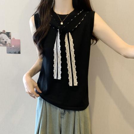 BY13905# 胖mm大码女装夏装设计感蕾丝飘带无袖T恤显瘦背心冰丝上衣  服裝批發女裝批發服飾貨源