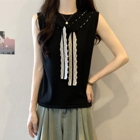 BY13905# 胖mm大码女装夏装设计感蕾丝飘带无袖T恤显瘦背心冰丝上衣  服裝批發女裝批發服飾貨源