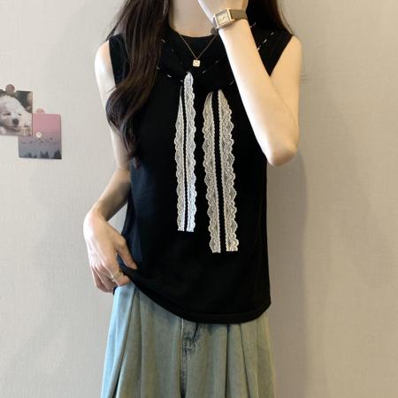 BY13905# 胖mm大码女装夏装设计感蕾丝飘带无袖T恤显瘦背心冰丝上衣  服裝批發女裝批發服飾貨源