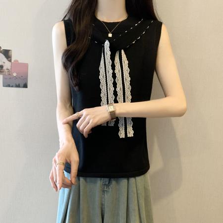 BY13905# 胖mm大码女装夏装设计感蕾丝飘带无袖T恤显瘦背心冰丝上衣  服裝批發女裝批發服飾貨源