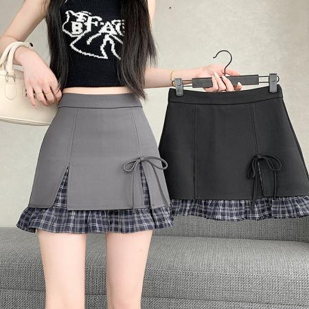 BY13906# 春夏格子拼接开叉西装半身裙女复古气质时尚高腰A字短裙  服裝批發女裝批發服飾貨源