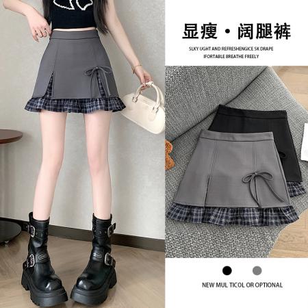 BY13906# 春夏格子拼接开叉西装半身裙女复古气质时尚高腰A字短裙  服裝批發女裝批發服飾貨源