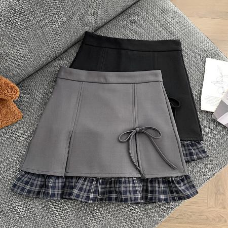 BY13906# 春夏格子拼接开叉西装半身裙女复古气质时尚高腰A字短裙  服裝批發女裝批發服飾貨源