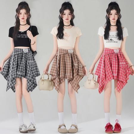 BY13907# 美式复古辣妹风不规则格纹半身裙女春夏新款高腰显瘦A字短裙  服裝批發女裝批發服飾貨源