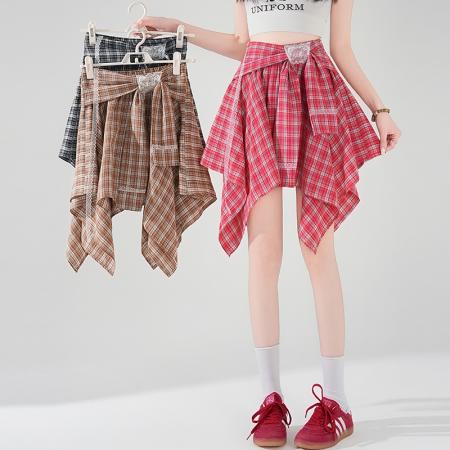 BY13907# 美式复古辣妹风不规则格纹半身裙女春夏新款高腰显瘦A字短裙  服裝批發女裝批發服飾貨源