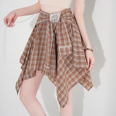 BY13907# 美式复古辣妹风不规则格纹半身裙女春夏新款高腰显瘦A字短裙  服裝批發女裝批發服飾貨源
