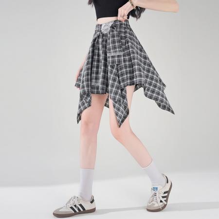 BY13907# 美式复古辣妹风不规则格纹半身裙女春夏新款高腰显瘦A字短裙  服裝批發女裝批發服飾貨源