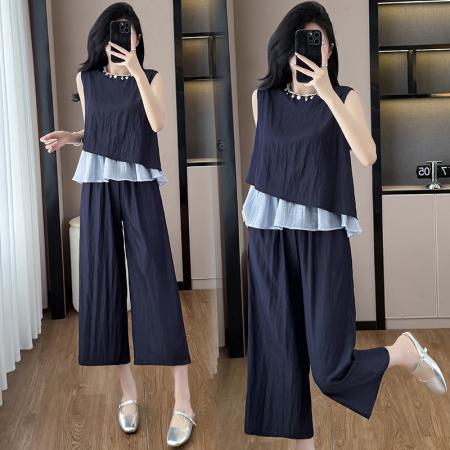 BY13914# 大码女装夏新款贝壳流苏时尚轻奢气质显瘦阔腿裤两件套  服裝批發女裝批發服飾貨源