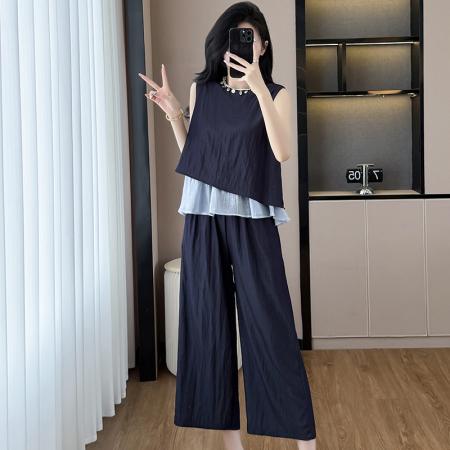 BY13914# 大码女装夏新款贝壳流苏时尚轻奢气质显瘦阔腿裤两件套  服裝批發女裝批發服飾貨源