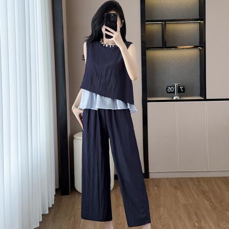 BY13914# 大码女装夏新款贝壳流苏时尚轻奢气质显瘦阔腿裤两件套  服裝批發女裝批發服飾貨源