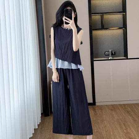 BY13914# 大码女装夏新款贝壳流苏时尚轻奢气质显瘦阔腿裤两件套  服裝批發女裝批發服飾貨源