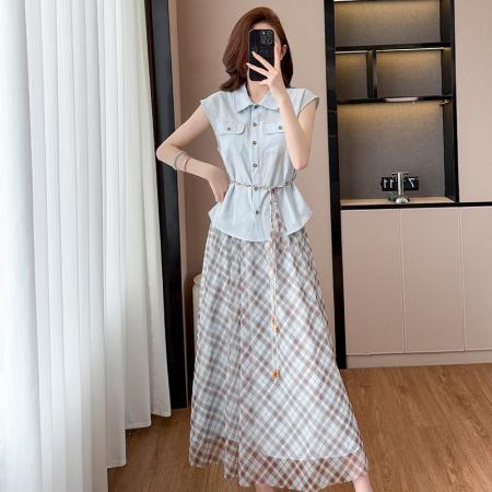BY13917# 时尚休闲气质通勤套装夏季新款收腰显瘦无袖衬衫格纹半身裙两件套  服裝批發女裝批發服飾貨源