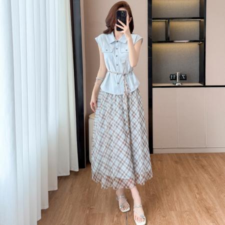 BY13917# 时尚休闲气质通勤套装夏季新款收腰显瘦无袖衬衫格纹半身裙两件套  服裝批發女裝批發服飾貨源