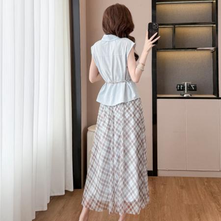 BY13917# 时尚休闲气质通勤套装夏季新款收腰显瘦无袖衬衫格纹半身裙两件套  服裝批發女裝批發服飾貨源