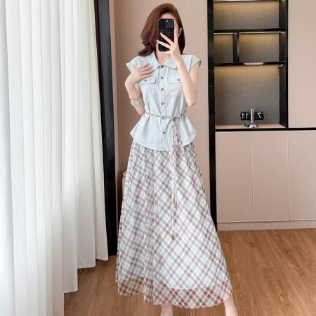 BY13917# 时尚休闲气质通勤套装夏季新款收腰显瘦无袖衬衫格纹半身裙两件套  服裝批發女裝批發服飾貨源
