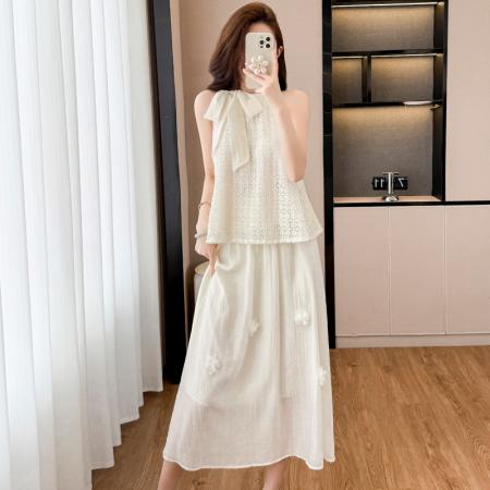 BY13918# 蝴蝶结蕾丝仙女上衣女夏新款高级感气质宽松遮肚显瘦无袖背心  服裝批發女裝批發服飾貨源