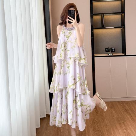 BY13919# 法式紫色碎花挂脖蛋糕裙女夏季度假风设计感小众中长款无袖连衣裙  服裝批發女裝批發服飾貨源