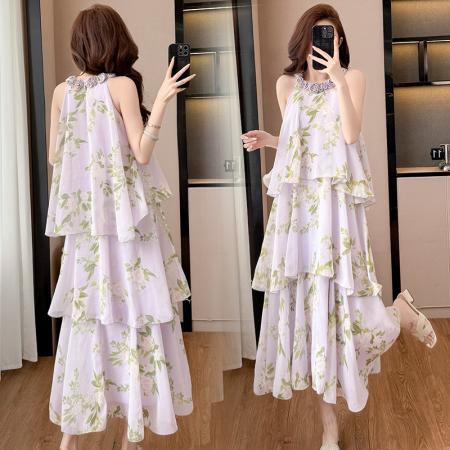 BY13919# 法式紫色碎花挂脖蛋糕裙女夏季度假风设计感小众中长款无袖连衣裙  服裝批發女裝批發服飾貨源