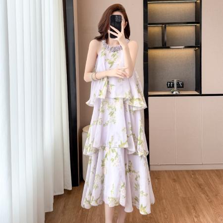 BY13919# 法式紫色碎花挂脖蛋糕裙女夏季度假风设计感小众中长款无袖连衣裙  服裝批發女裝批發服飾貨源