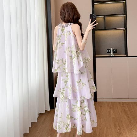 BY13919# 法式紫色碎花挂脖蛋糕裙女夏季度假风设计感小众中长款无袖连衣裙  服裝批發女裝批發服飾貨源