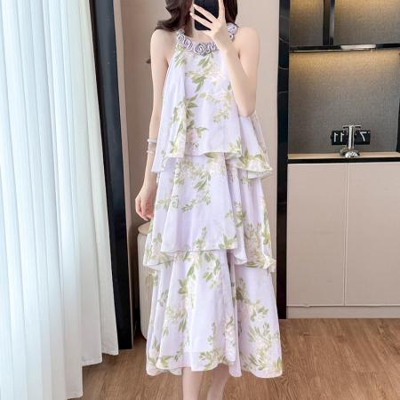 BY13919# 法式紫色碎花挂脖蛋糕裙女夏季度假风设计感小众中长款无袖连衣裙  服裝批發女裝批發服飾貨源