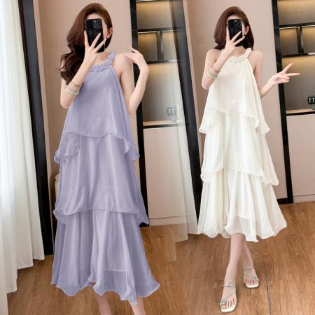 BY13920# 白玉兰春夏法式度假风名媛千金雪纺蛋糕裙气质无袖挂脖连衣裙夏  服裝批發女裝批發服飾貨源