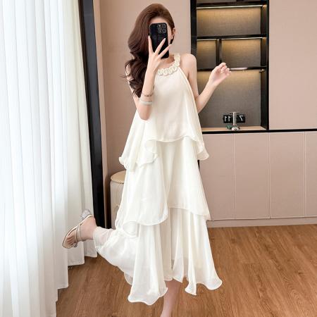 BY13920# 白玉兰春夏法式度假风名媛千金雪纺蛋糕裙气质无袖挂脖连衣裙夏  服裝批發女裝批發服飾貨源