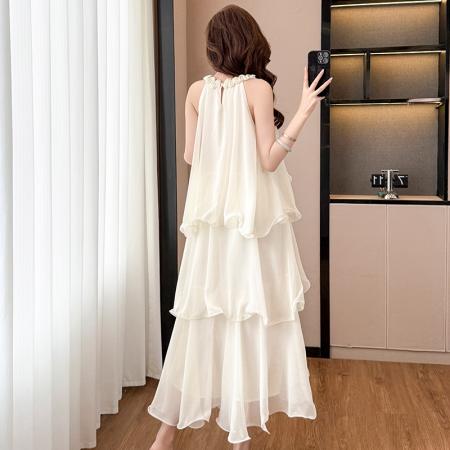 BY13920# 白玉兰春夏法式度假风名媛千金雪纺蛋糕裙气质无袖挂脖连衣裙夏  服裝批發女裝批發服飾貨源