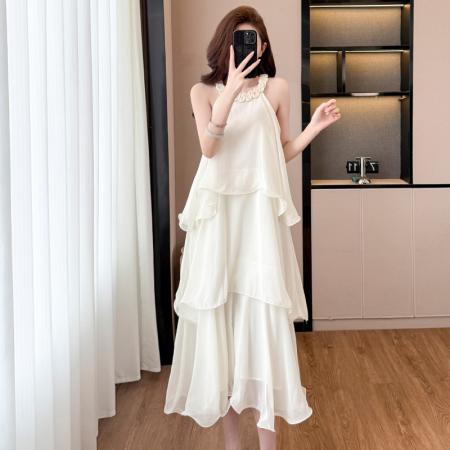 BY13920# 白玉兰春夏法式度假风名媛千金雪纺蛋糕裙气质无袖挂脖连衣裙夏  服裝批發女裝批發服飾貨源