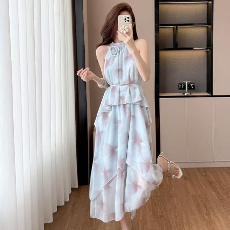 BY13921# 法式扎染亮闪闪立体花朵挂脖露肩连衣裙女春季收腰系带蓬蓬裙  服裝批發女裝批發服飾貨源