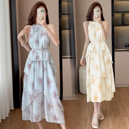 BY13921# 法式扎染亮闪闪立体花朵挂脖露肩连衣裙女春季收腰系带蓬蓬裙  服裝批發女裝批發服飾貨源