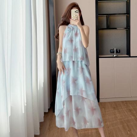 BY13921# 法式扎染亮闪闪立体花朵挂脖露肩连衣裙女春季收腰系带蓬蓬裙  服裝批發女裝批發服飾貨源