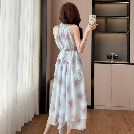 BY13921# 法式扎染亮闪闪立体花朵挂脖露肩连衣裙女春季收腰系带蓬蓬裙  服裝批發女裝批發服飾貨源