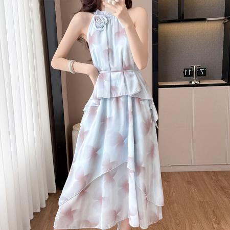 BY13921# 法式扎染亮闪闪立体花朵挂脖露肩连衣裙女春季收腰系带蓬蓬裙  服裝批發女裝批發服飾貨源