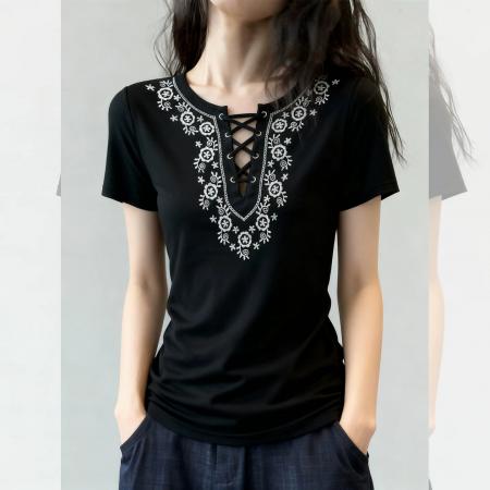 BY13922# 春夏波西米亚风短袖女圆领刺绣设计轻薄面料宽松度假风百搭上衣  服裝批發女裝批發服飾貨源