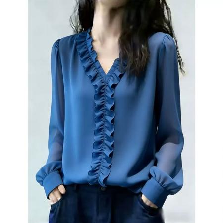 BY13923# 法式V领荷叶边衬衫女春季新款蓝色灯笼袖高级感显瘦时髦上衣  服裝批發女裝批發服飾貨源