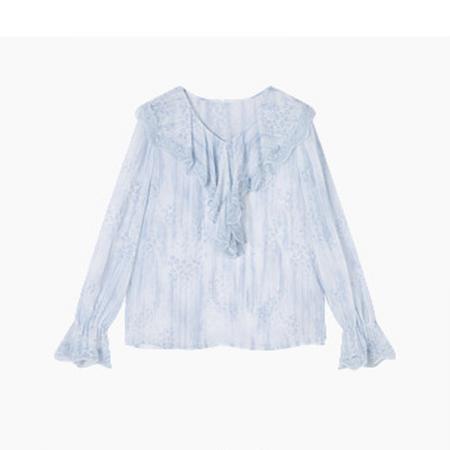 BY13924# 法式荷叶边v领衬衫女春季新款蕾丝正肩蓝色豹纹印花小衫  服裝批發女裝批發服飾貨源