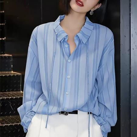 BY13925# 法式轻奢设计感条纹衬衫女春季新款长袖宽松显瘦防晒上衣蓝色  服裝批發女裝批發服飾貨源