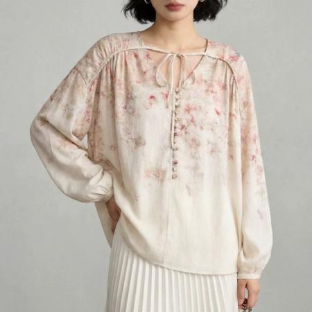 BY13926# 法式浪漫玫瑰印花灯笼袖宽松衬衫上衣女装早春新款衬衣  服裝批發女裝批發服飾貨源