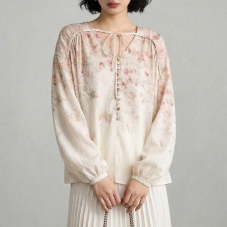 BY13926# 法式浪漫玫瑰印花灯笼袖宽松衬衫上衣女装早春新款衬衣  服裝批發女裝批發服飾貨源