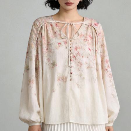 BY13926# 法式浪漫玫瑰印花灯笼袖宽松衬衫上衣女装早春新款衬衣  服裝批發女裝批發服飾貨源