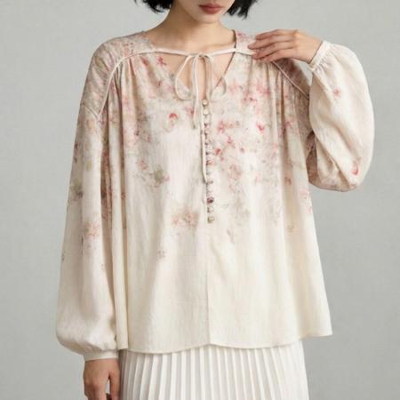 BY13926# 法式浪漫玫瑰印花灯笼袖宽松衬衫上衣女装早春新款衬衣  服裝批發女裝批發服飾貨源