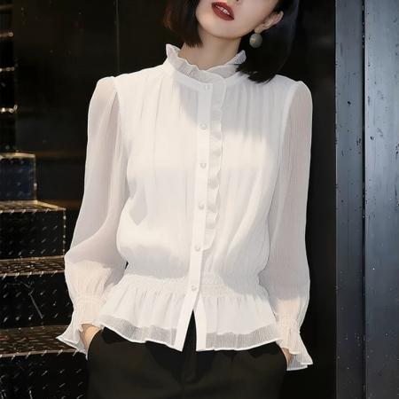 BY13928# 气质百搭白色轻薄衬衫女春季新款洋气减龄小衫高端精致衬衣  服裝批發女裝批發服飾貨源