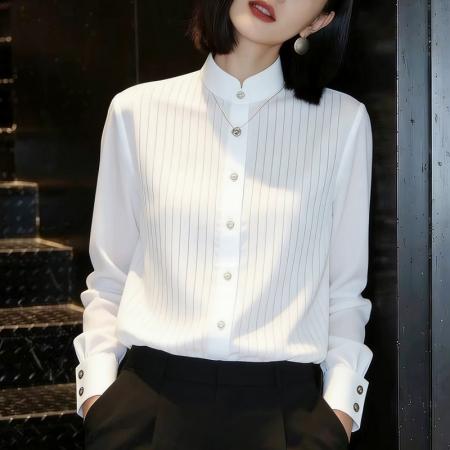 BY13929# 法式通勤风白色立领长袖衬衫女春季新款设计感显瘦百搭上衣  服裝批發女裝批發服飾貨源